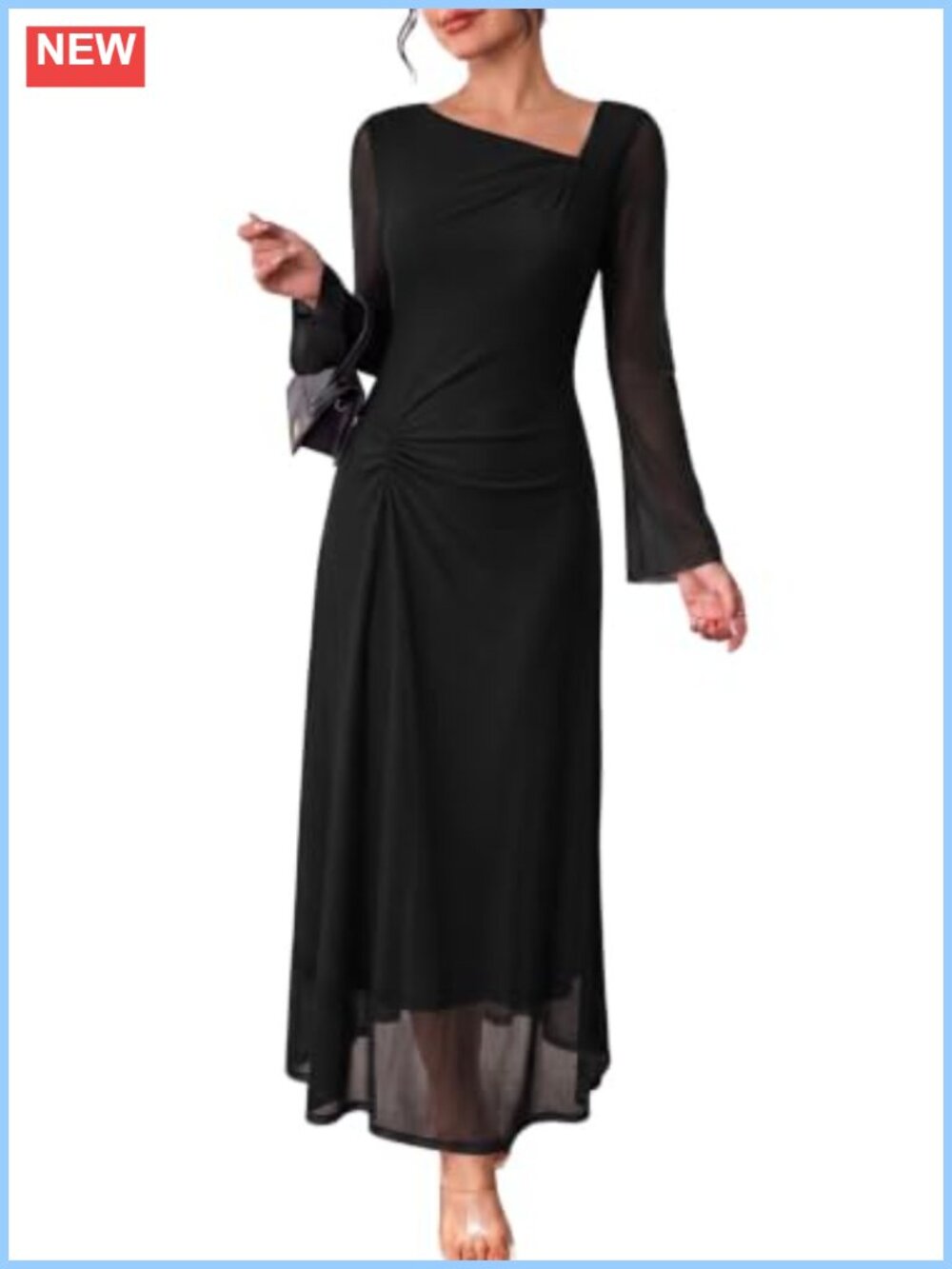 Women's Asymmetrical Neck Ruched Waist Bell Sleeve Maxi Dress Wedding Guest